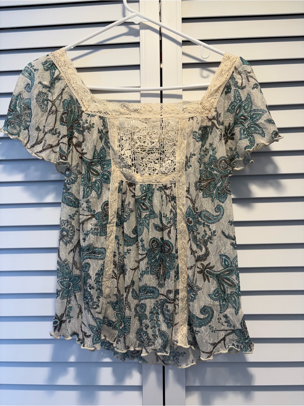 Ralph Lauren Denim Supply Blue Floral-print Crochet Lace-trim Top